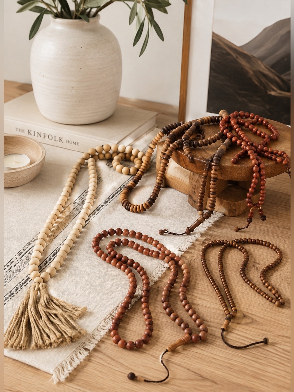 Set of 8 Wooden Prayer Beads / Tasbih / Mala Necklaces – Natural Wood Boho Decor